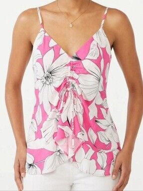 Scoop Y2K Bright Pink White Floral Print Ruffle Ruched Front Tank Top Size XS